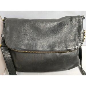 Distressed Black Leather Crossbody Messenger Bag Adjustable Strap Gold Hardware